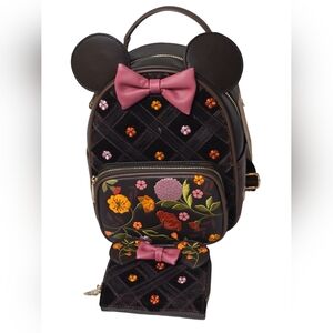 Disney Minnie Mouse Velvet Floral Interchangeable Ears Mini Backpack Wallet Set
